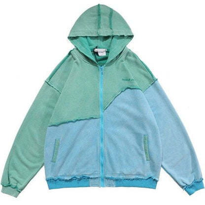 Patchwork Color Zipper Distressed Hoodie