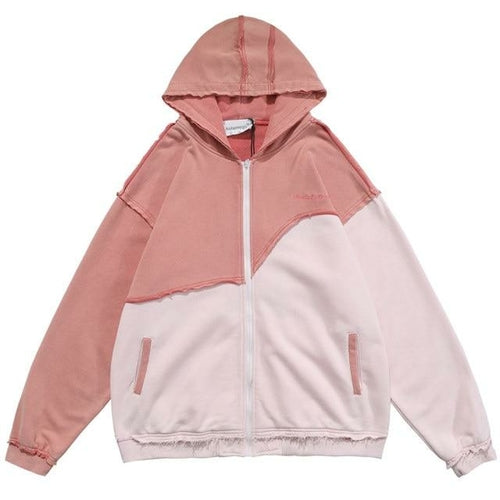 Patchwork Color Zipper Distressed Hoodie