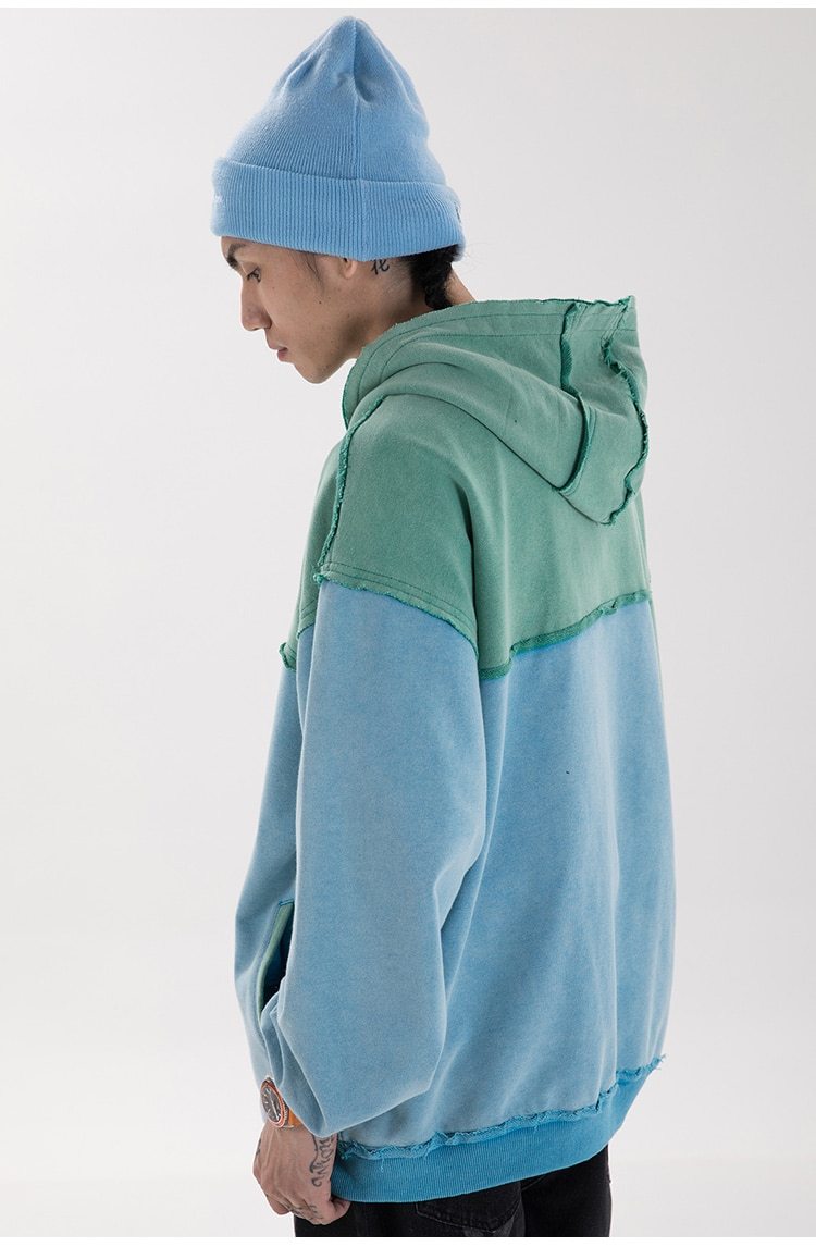 Patchwork Color Zipper Distressed Hoodie