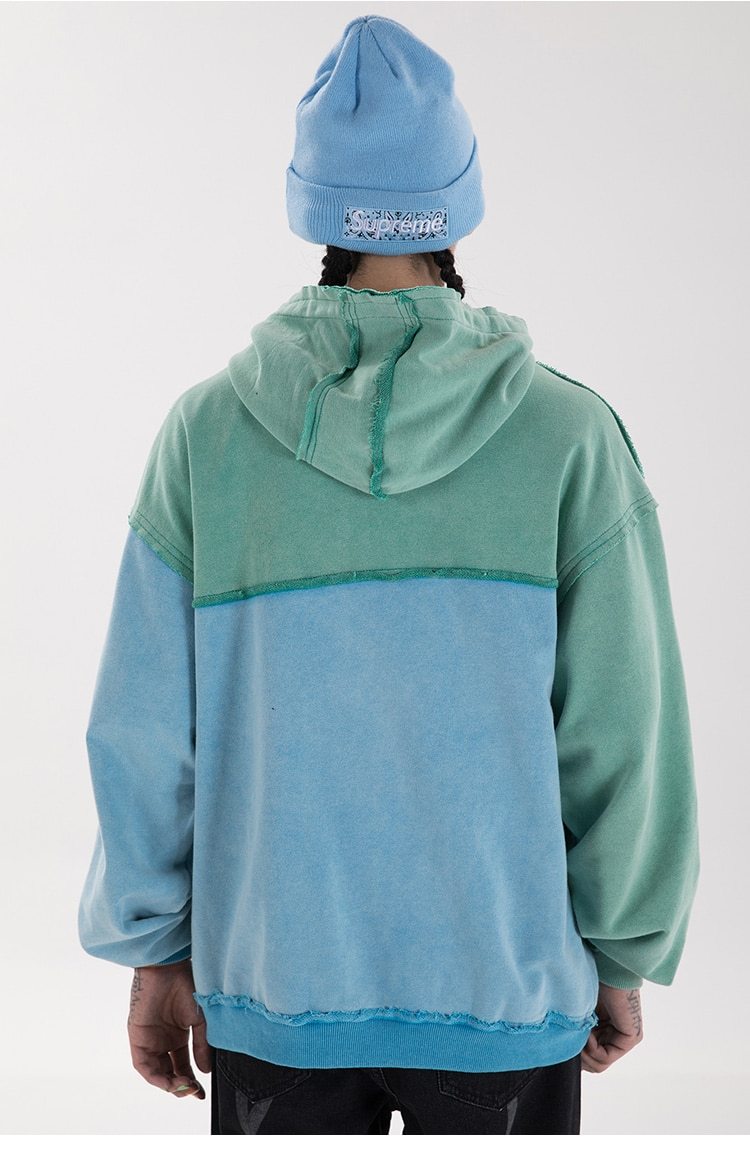 Patchwork Color Zipper Distressed Hoodie