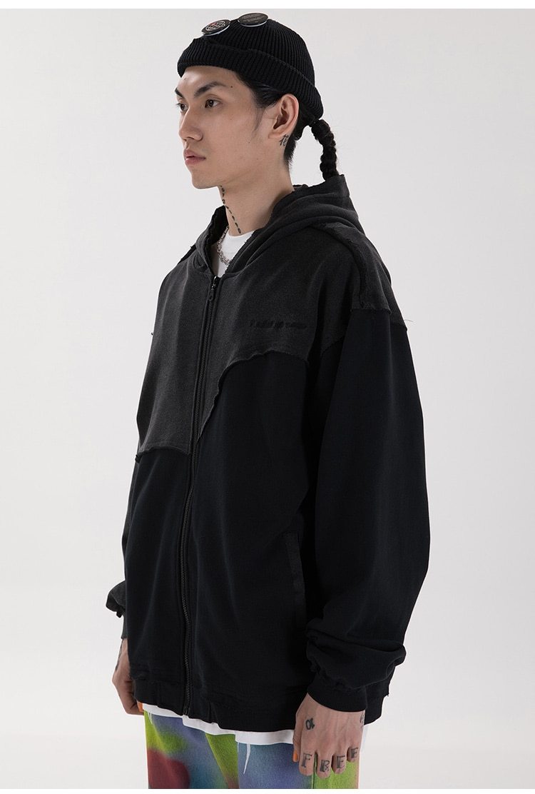 Patchwork Color Zipper Distressed Hoodie