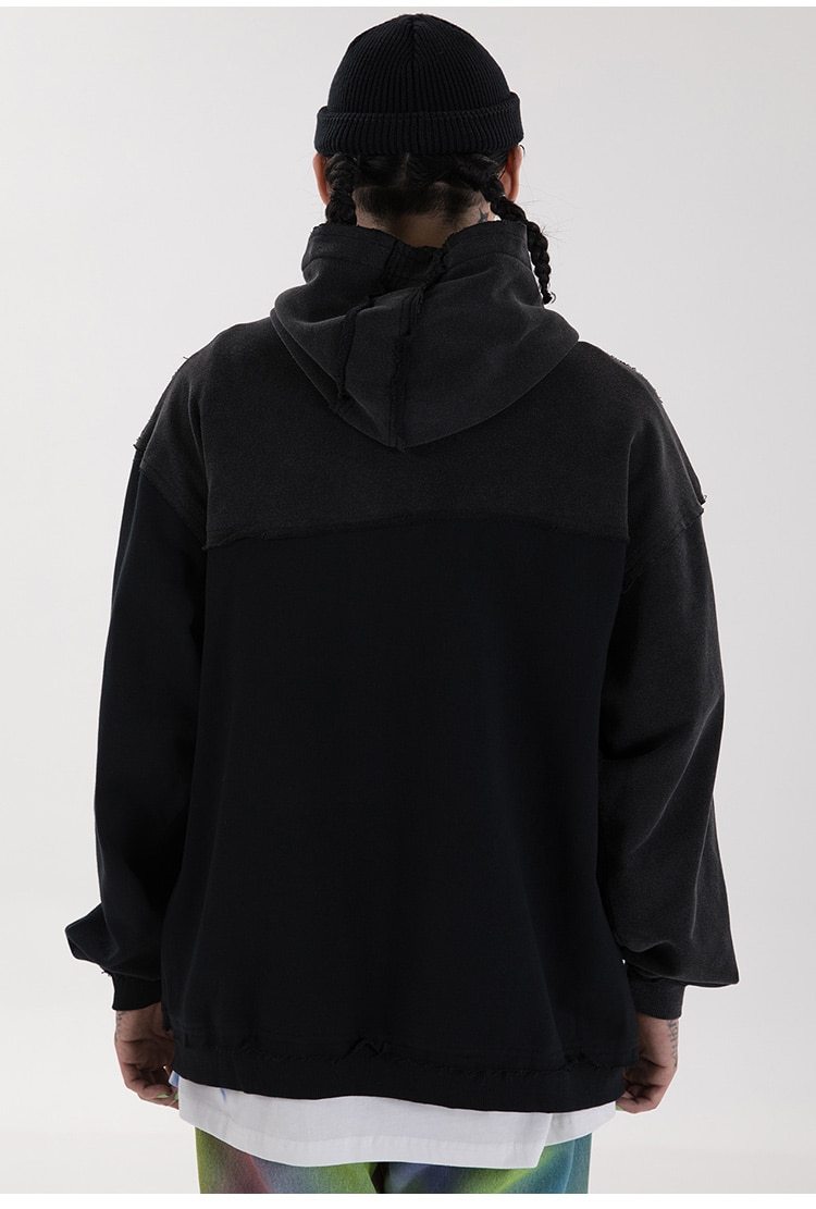 Patchwork Color Zipper Distressed Hoodie