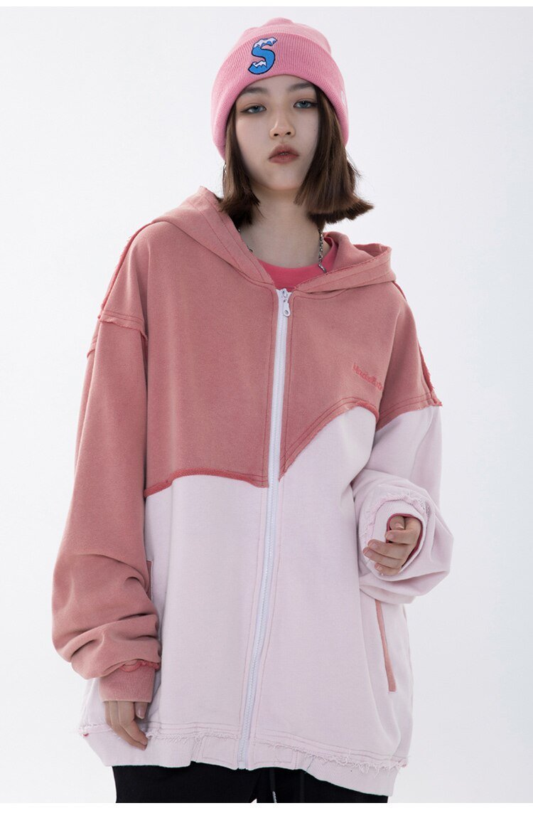 Patchwork Color Zipper Distressed Hoodie