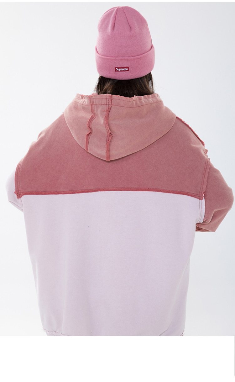 Patchwork Color Zipper Distressed Hoodie