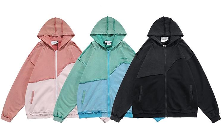 Patchwork Color Zipper Distressed Hoodie