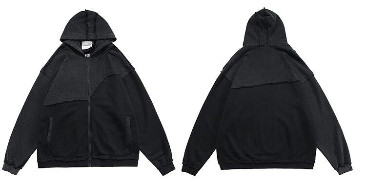 Patchwork Color Zipper Distressed Hoodie
