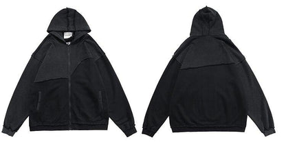 Patchwork Color Zipper Distressed Hoodie