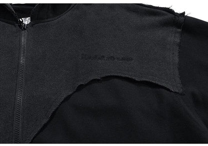 Patchwork Color Zipper Distressed Hoodie
