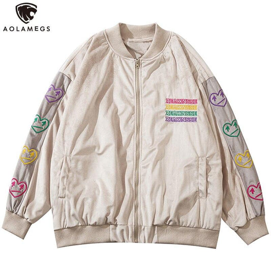 Unisex Baseball Jacket Colorful Heart Embroidery Patchwork