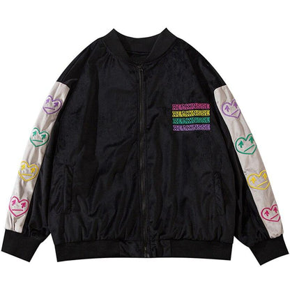 Unisex Baseball Jacket Colorful Heart Embroidery Patchwork