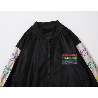 Unisex Baseball Jacket Colorful Heart Embroidery Patchwork