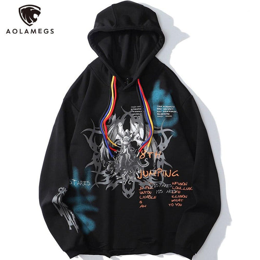 Colorful Drawstring Punk Robot Print Hoodie Sweatshirt Men Loose