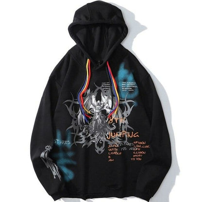 Colorful Drawstring Punk Robot Print Hoodie Sweatshirt Men Loose