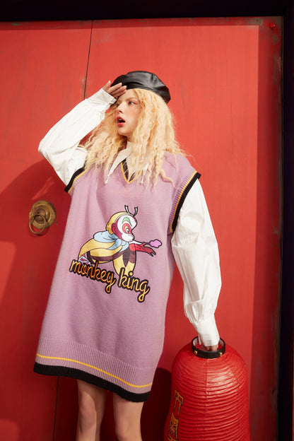 Monkey King Print Casual 2-IN-1 Dresses Women,Winter ELF Vintage