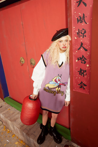 Monkey King Print Casual 2-IN-1 Dresses Women,Winter ELF Vintage