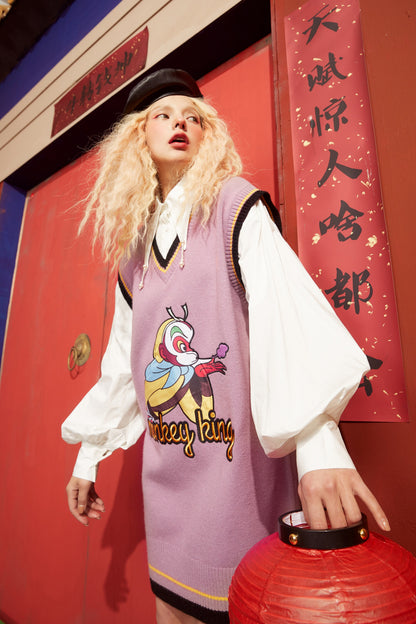 Monkey King Print Casual 2-IN-1 Dresses Women,Winter ELF Vintage