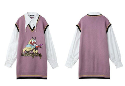 Monkey King Print Casual 2-IN-1 Dresses Women,Winter ELF Vintage