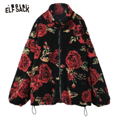 Rose Jacquard Zipper Oversize Women Teddy Jacket,Spring Vintage Full