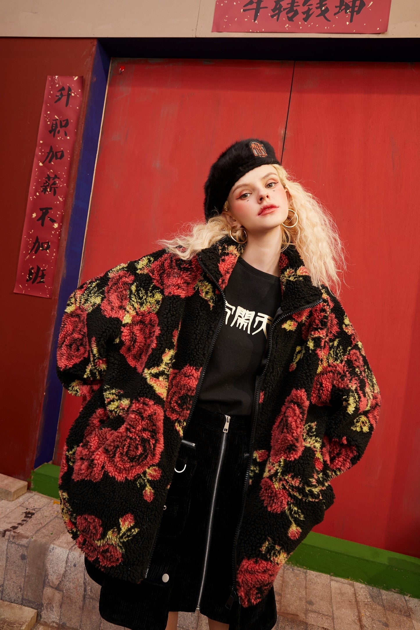 Rose Jacquard Zipper Oversize Women Teddy Jacket,Spring Vintage Full