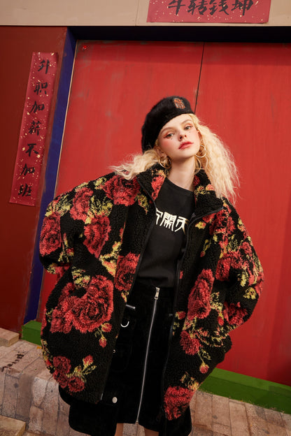 Rose Jacquard Zipper Oversize Women Teddy Jacket,Spring Vintage Full