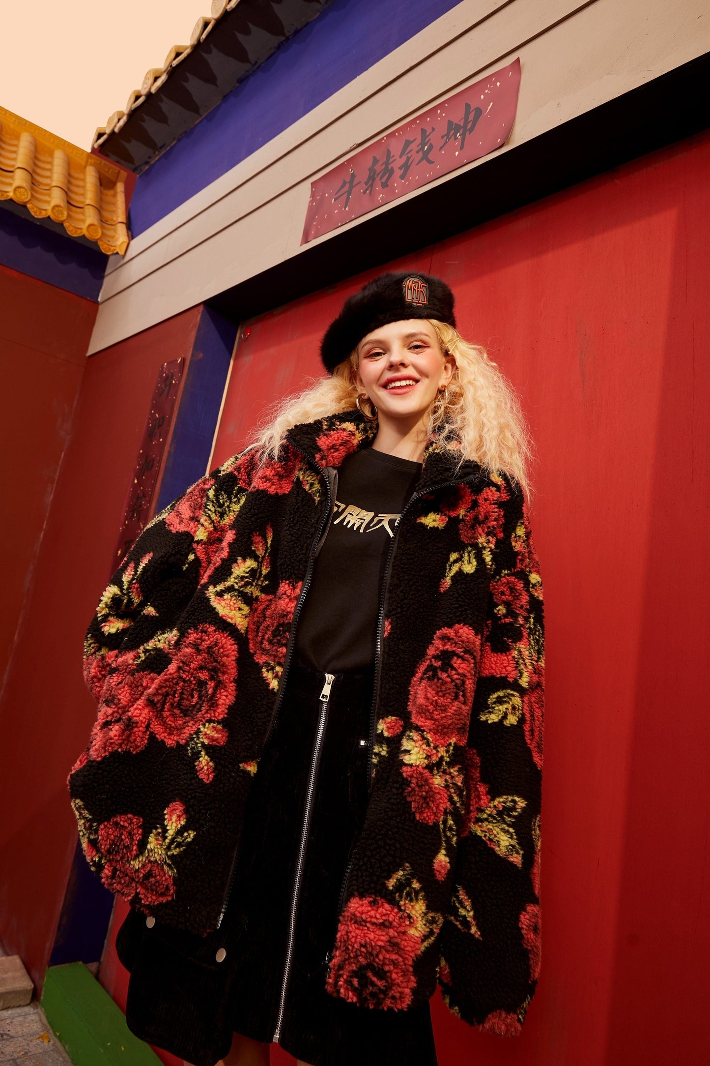 Rose Jacquard Zipper Oversize Women Teddy Jacket,Spring Vintage Full