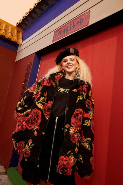 Rose Jacquard Zipper Oversize Women Teddy Jacket,Spring Vintage Full