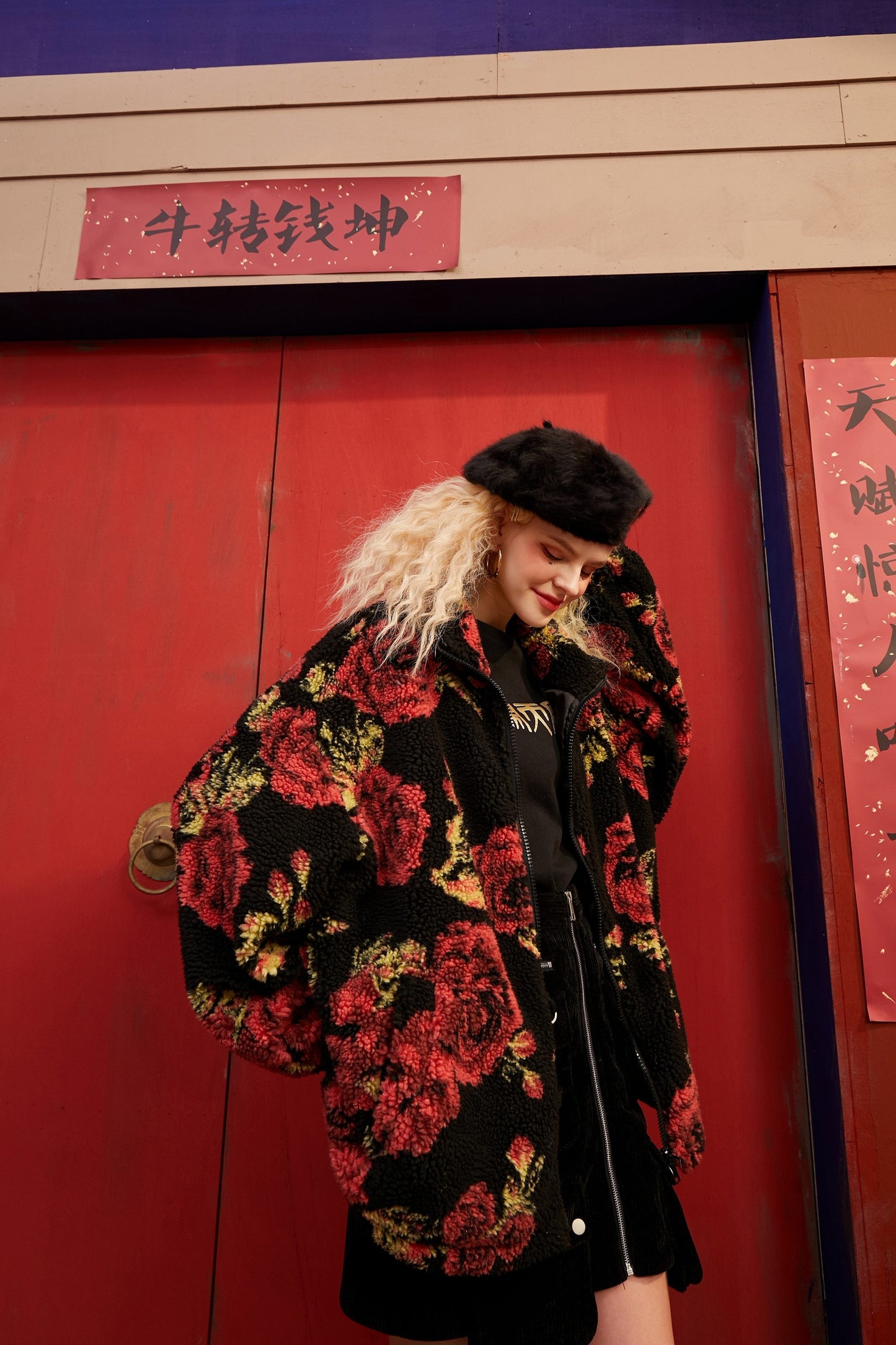 Rose Jacquard Zipper Oversize Women Teddy Jacket,Spring Vintage Full