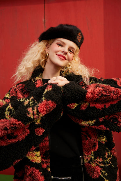 Rose Jacquard Zipper Oversize Women Teddy Jacket,Spring Vintage Full