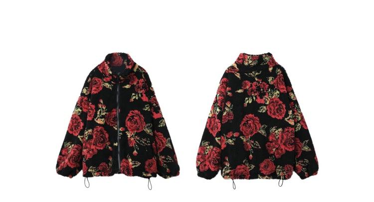 Rose Jacquard Zipper Oversize Women Teddy Jacket,Spring Vintage Full
