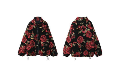 Rose Jacquard Zipper Oversize Women Teddy Jacket,Spring Vintage Full