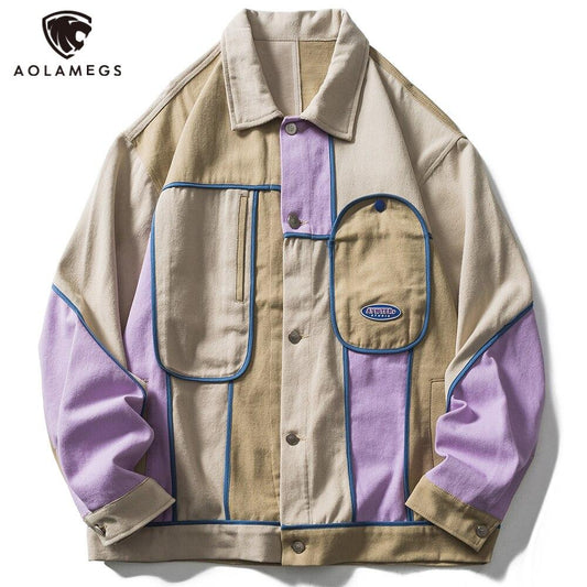 Jacket Men Color Block Patchwork Coats Autumn Couple Baggy Harajuku