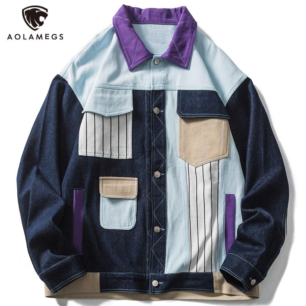 Denim Jacket Men Color Block Patchwork Embroidery Multi-Pocket Cargo