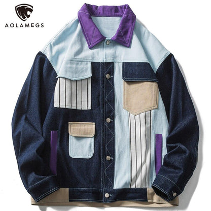 Denim Jacket Men Color Block Patchwork Embroidery Multi-Pocket Cargo