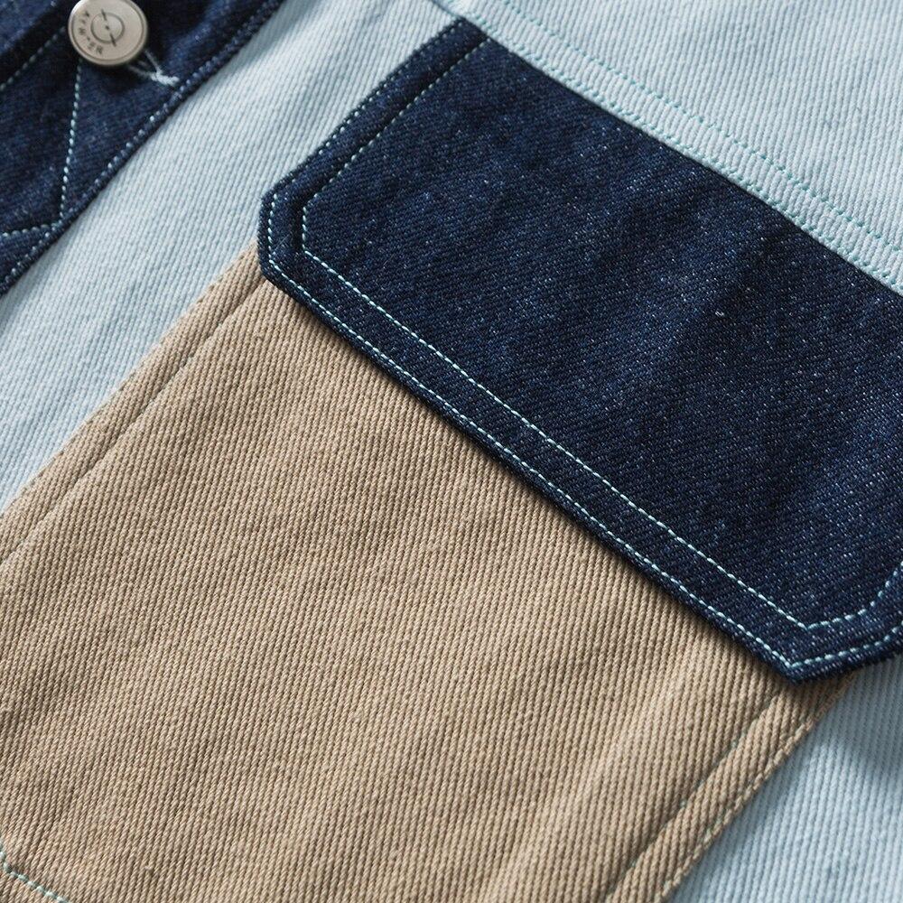 Denim Jacket Men Color Block Patchwork Embroidery Multi-Pocket Cargo