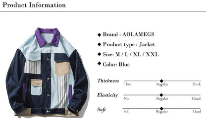 Denim Jacket Men Color Block Patchwork Embroidery Multi-Pocket Cargo