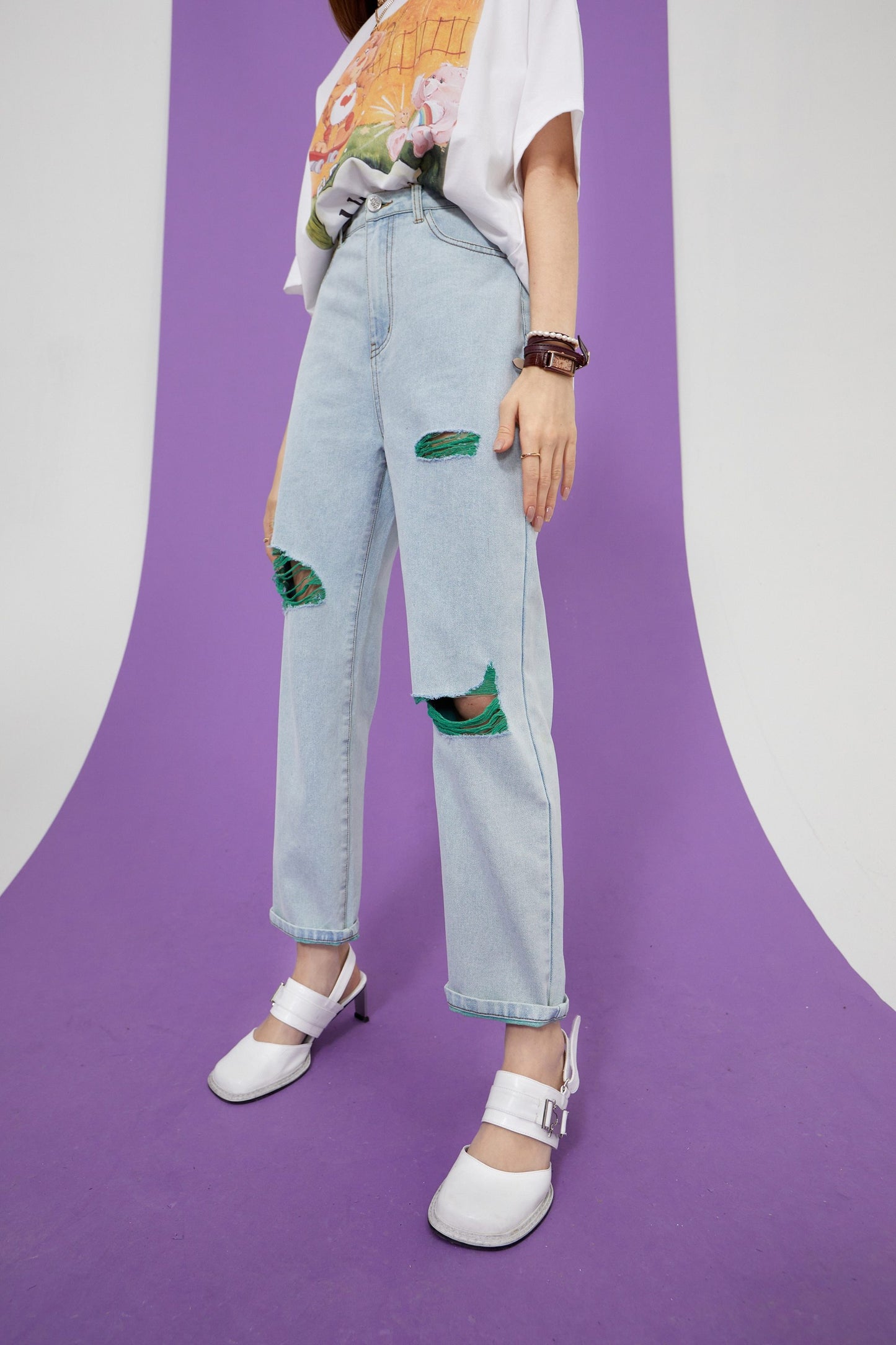 Solid High Waist Washed Casual Denim Jeans Women,Summer Pure Ripped