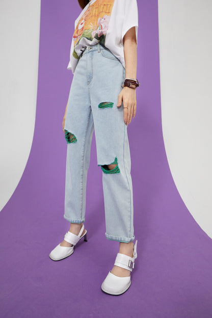 Solid High Waist Washed Casual Denim Jeans Women,Summer Pure Ripped