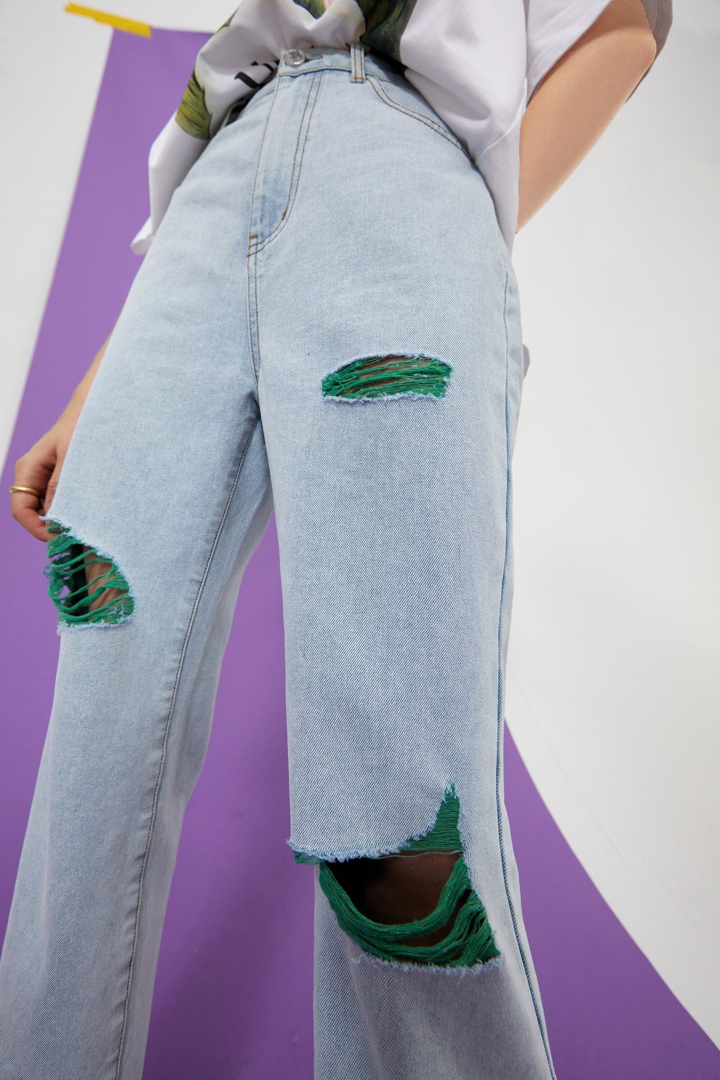 Solid High Waist Washed Casual Denim Jeans Women,Summer Pure Ripped