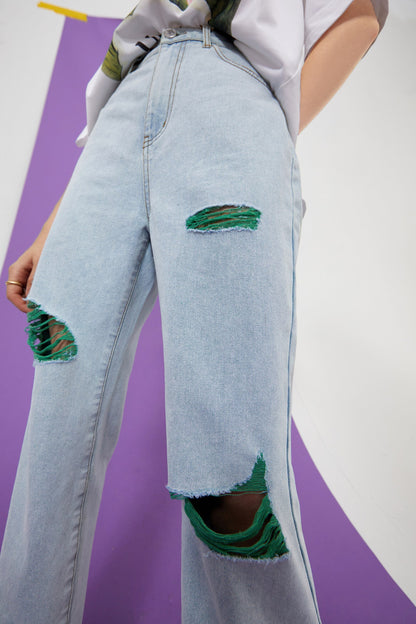 Solid High Waist Washed Casual Denim Jeans Women,Summer Pure Ripped