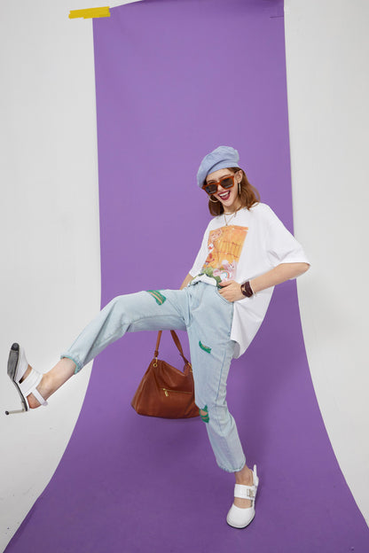 Solid High Waist Washed Casual Denim Jeans Women,Summer Pure Ripped
