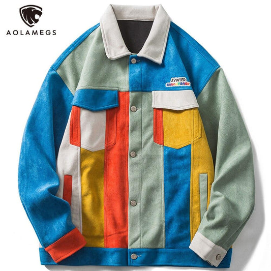 Jackets Retro Hit Color Patchwork Multi-Pocket Varsity Jacket Coat