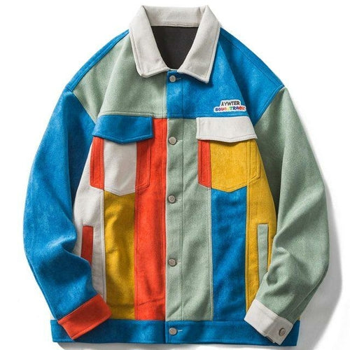 Jackets Retro Hit Color Patchwork Multi-Pocket Varsity Jacket Coat