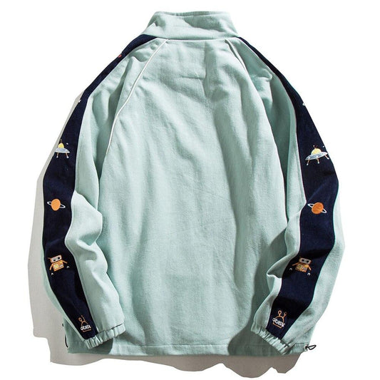 Zipper Jacket Men Robot Embroidery Patchwork Color Varsity Coat Couple