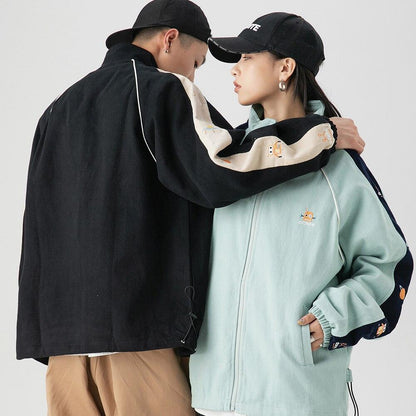Zipper Jacket Men Robot Embroidery Patchwork Color Varsity Coat Couple