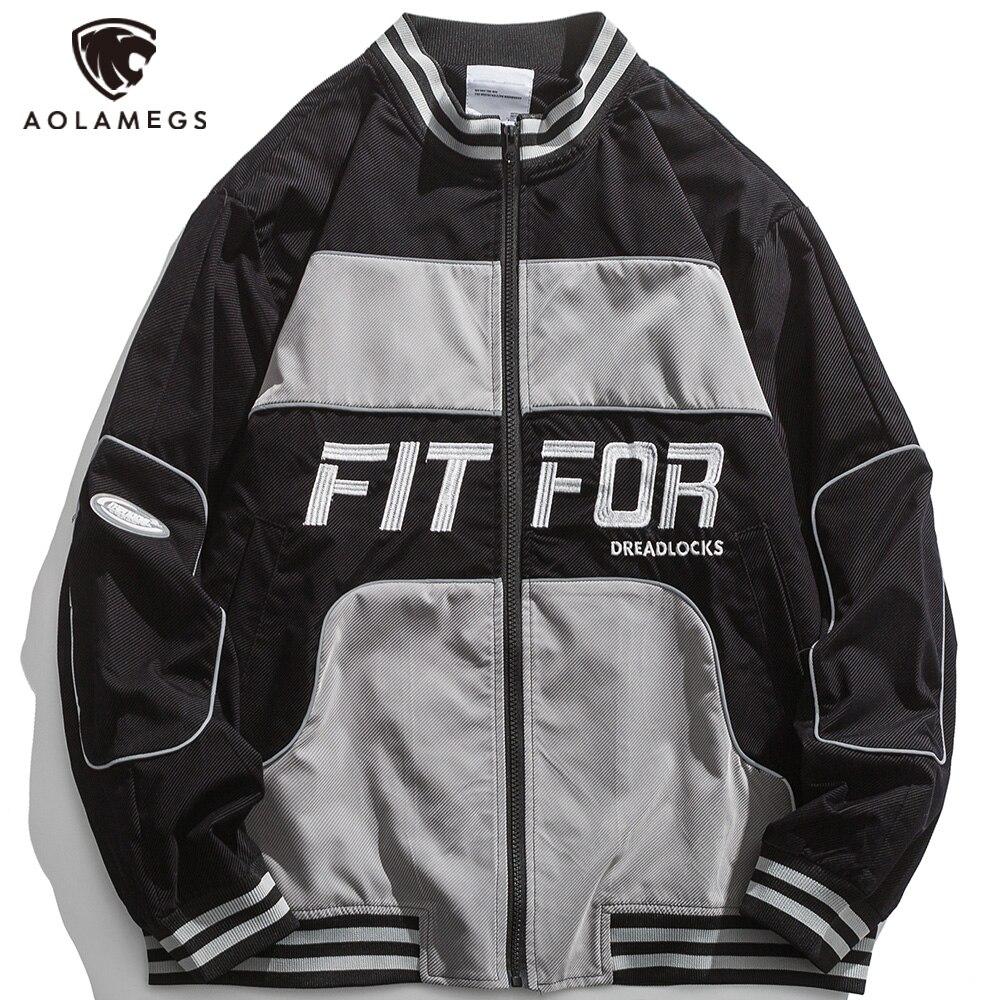Jacket Men Reflective Strip Patchwork Letter Embroidery Zipper Coat