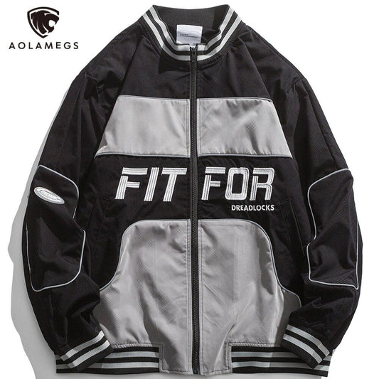 Jacket Men Reflective Strip Patchwork Letter Embroidery Zipper Coat