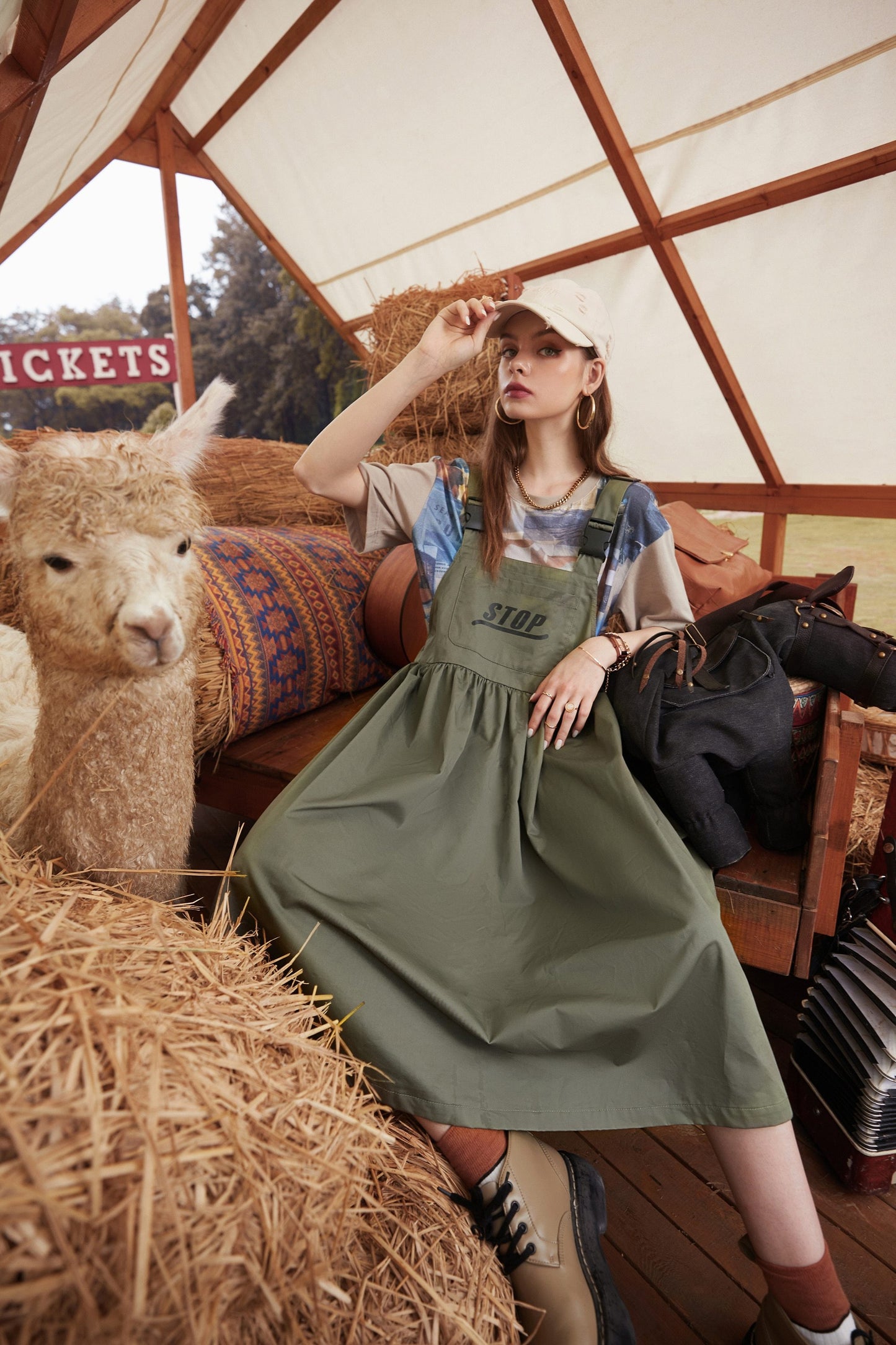 Army Green Casual Vintage Overall Dresses