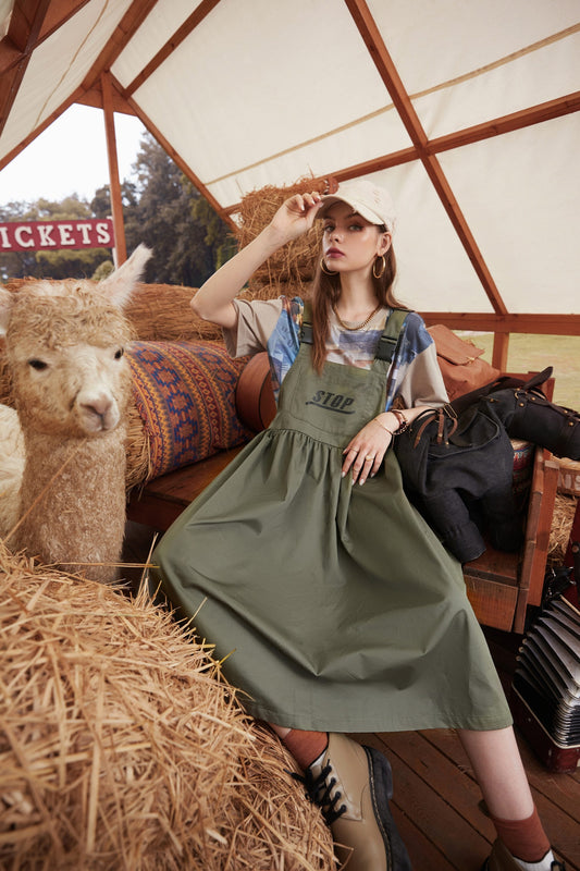 Army Green Casual Vintage Overall Dresses