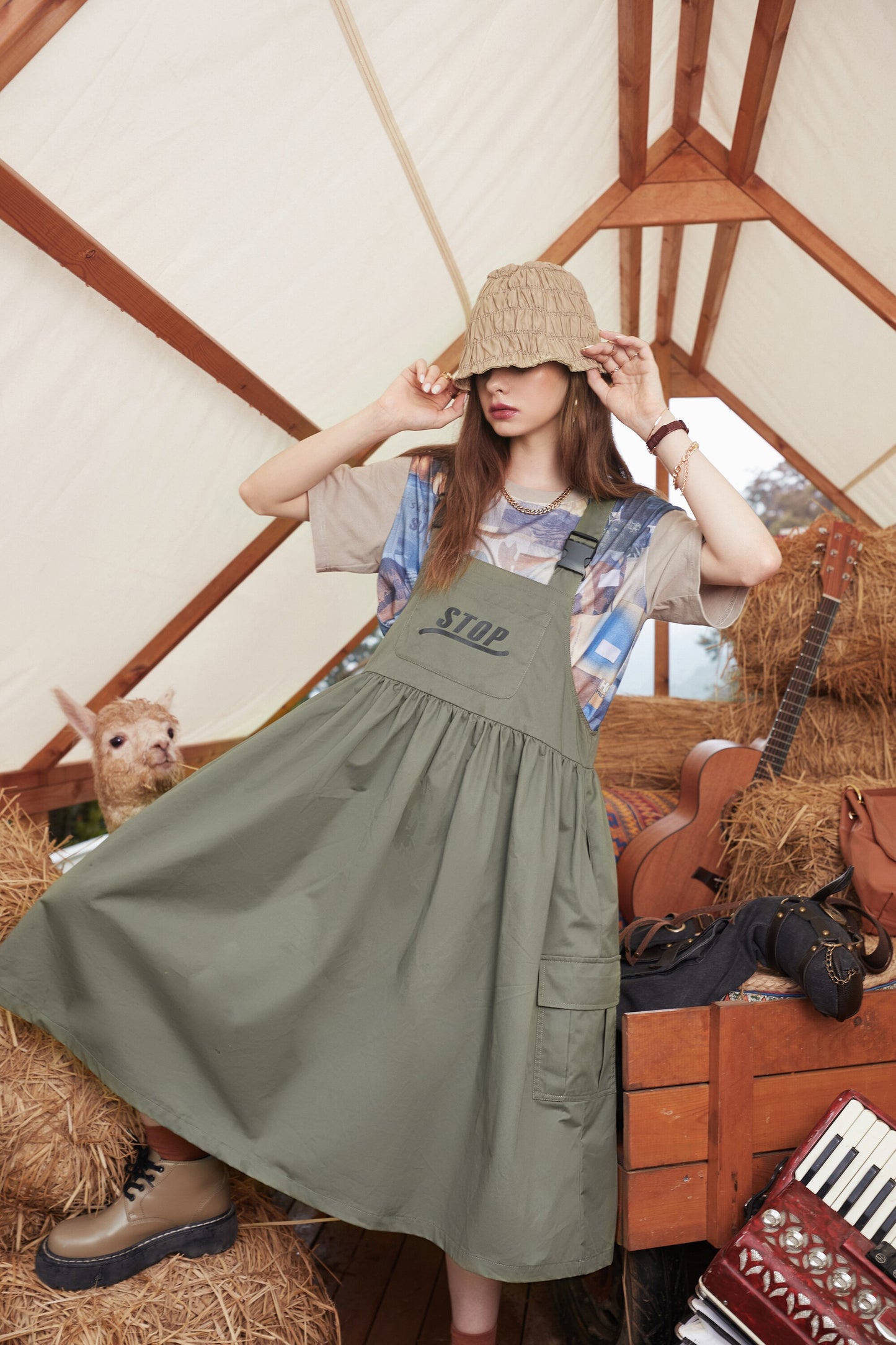 Army Green Casual Vintage Overall Dresses