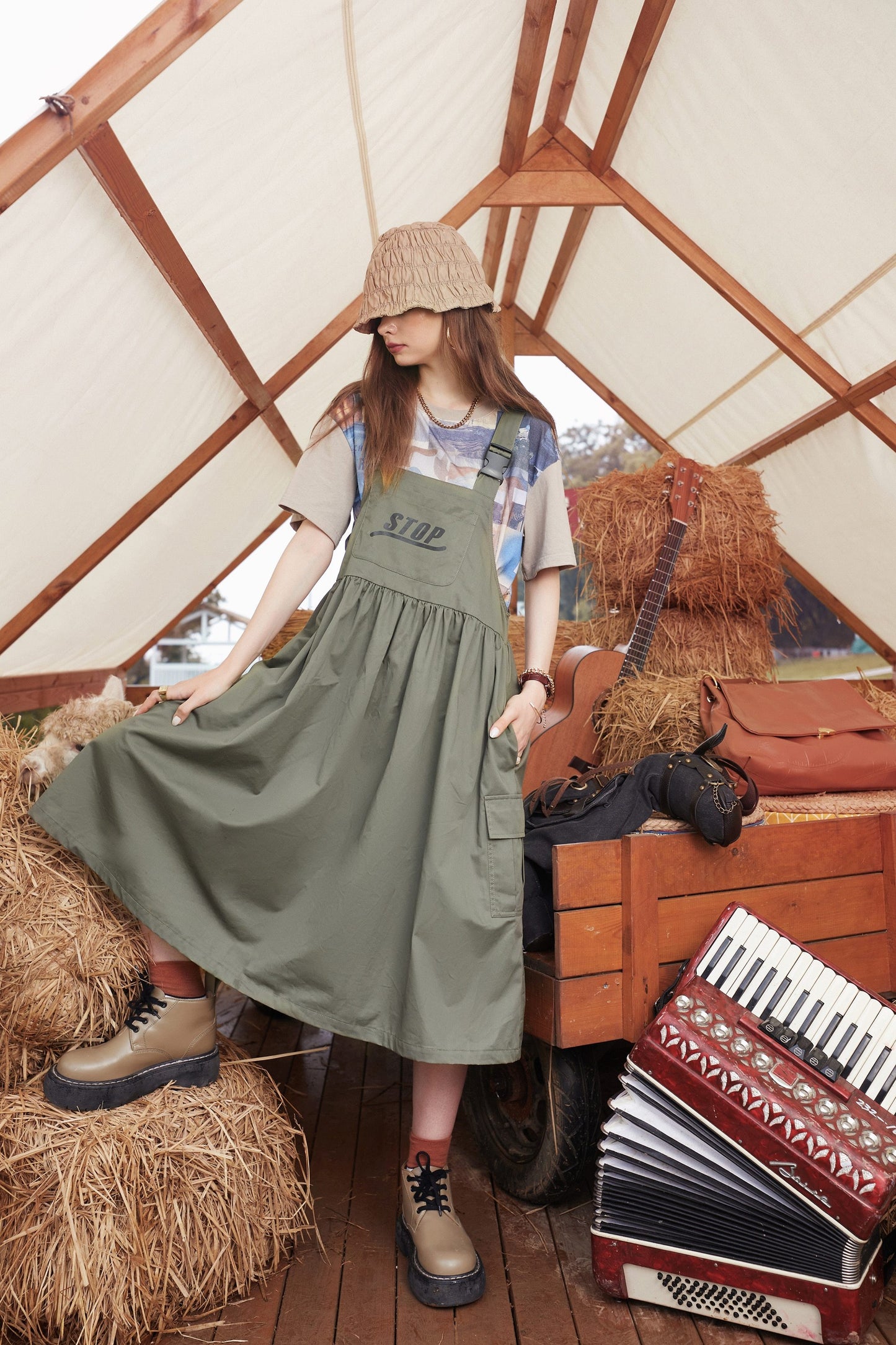 Army Green Casual Vintage Overall Dresses